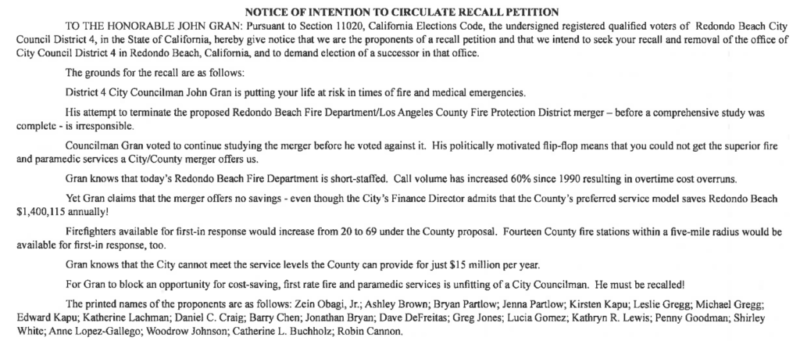 Recall Petition  John Gran, Redondo Beach City Council, District 4